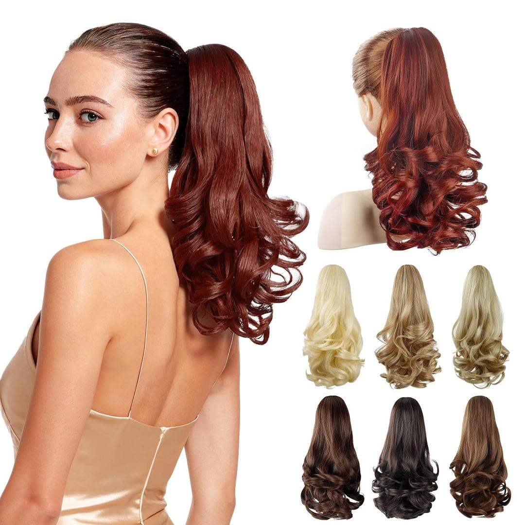 ShulaSHOP Brown Ponytail Extension,14" Short Curly Wavy Claw Clip in Ponytails Hair Extensions Natural Soft Synthetic Hairpiece for Women