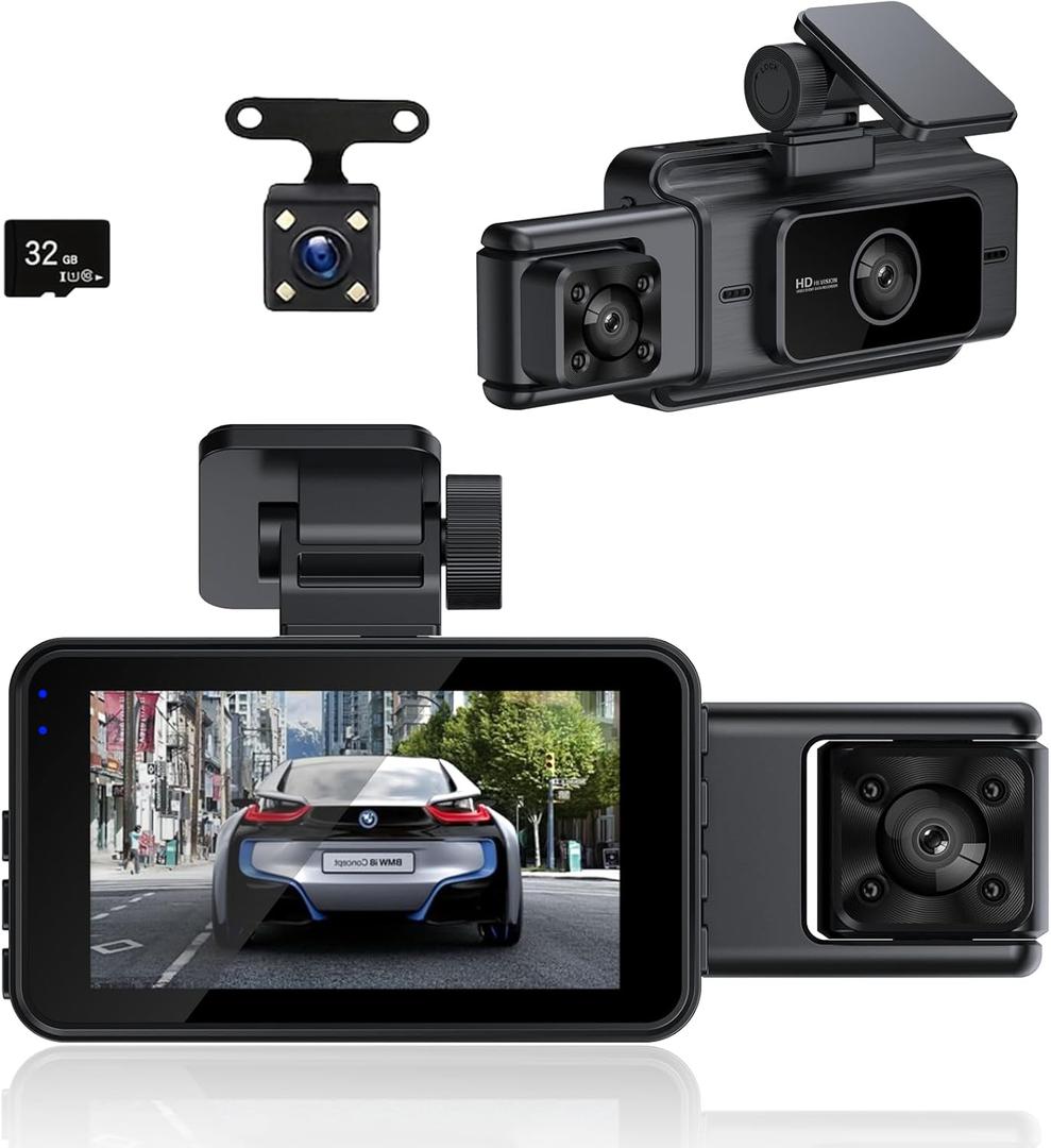 HD Front, Dash Cam Center and Rear Dashboard Camera, HD Three-Camera car Recorder, Support Loop Recording, with G Sensor, Free 32G Memory Card