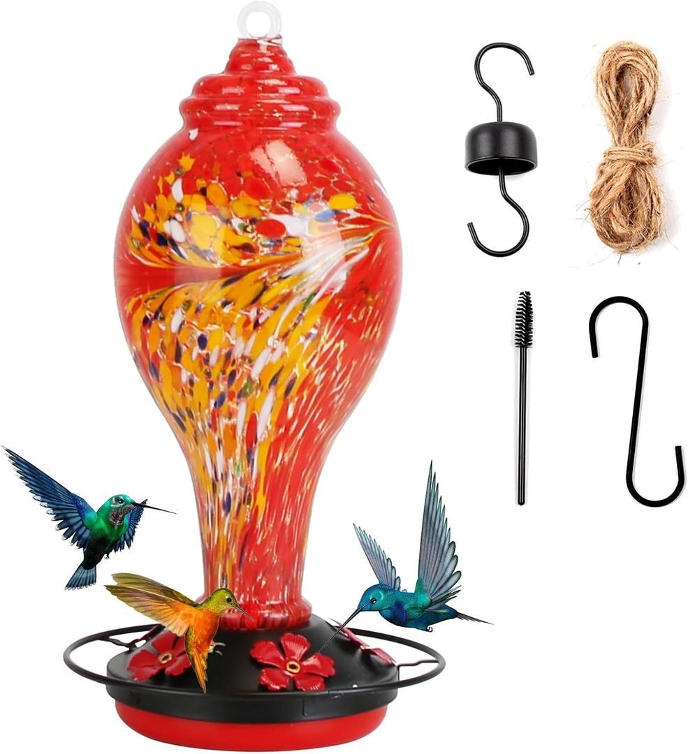 Hummingbird Feeders for Outdoors Hanging, 33OZ Hand Blown Glass Hummingbird Feeder with 5 Perches, Ant Moat, Balcony Yard Porch Backyard Decor Gifts for Women, Bird Lover, Red