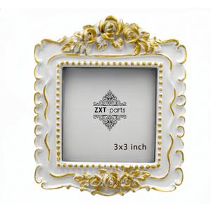 ZXT-parts 3x3 Picture Frame Square White and Gold Edge Frame. Resin Handmade Photo Frame. Glass Panel. Black Suede Cover.European Style Suitable for Wall or Desktop.