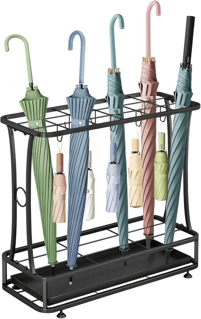 Metal Umbrella Holder Stand with Removable Drip Tray, Industrial Free Standing Umbrella Rack Organizer for Entryway Home Office Patio Decor (18 Slots 10 Hooks, Black) Metal Umbrella Holder Stand with Removable Drip Tray, Industrial Free Standing Umbrella Rack Organizer for Entryway Home Office Patio Decor (18 Slots 10 Hooks, Black)