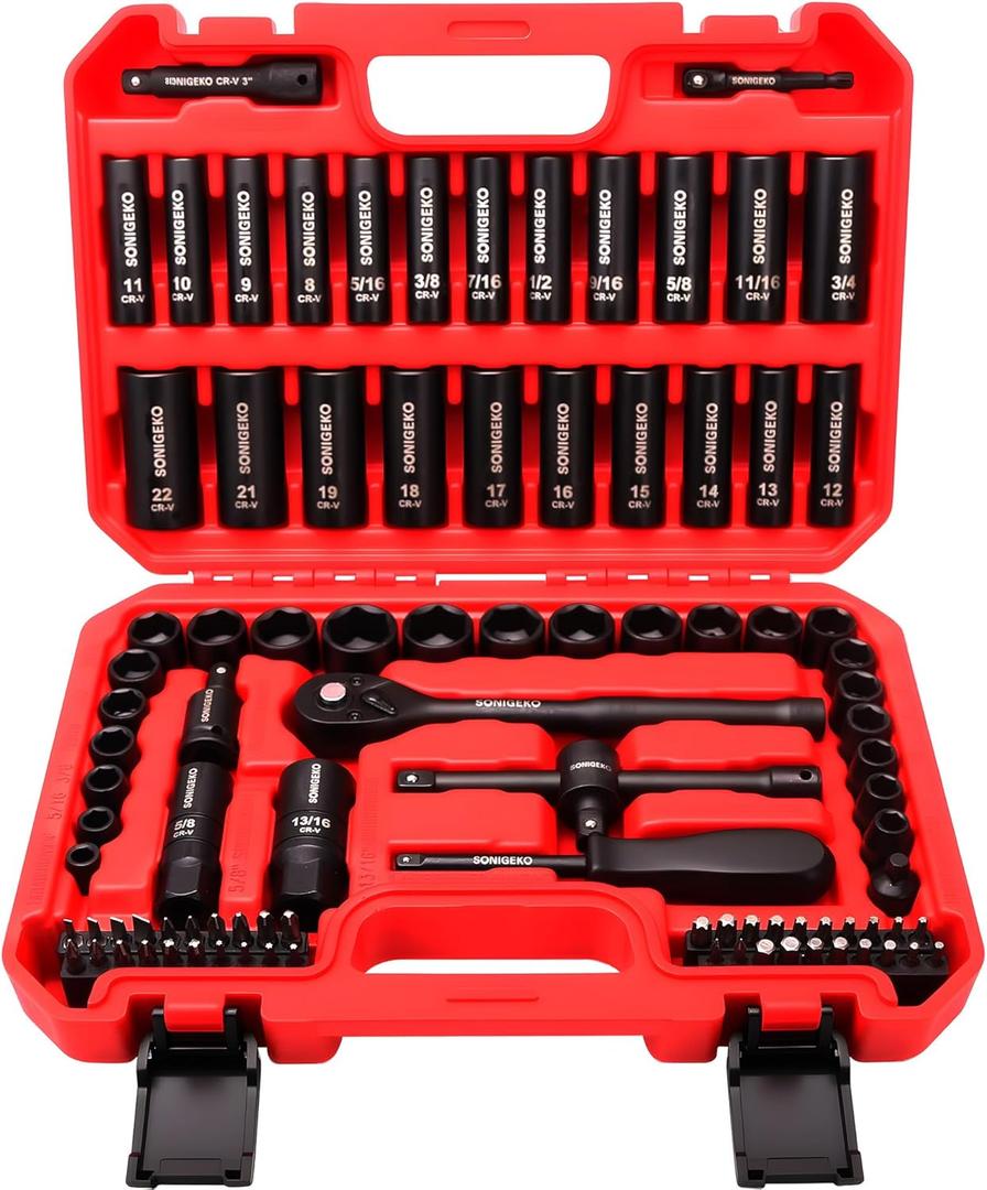 95-Piece 3/8" Drive Impact Socket Set, 6-Point Deep & Standard SAE/Metric CR-V Sockets with Ratchet Handle & Security Bits