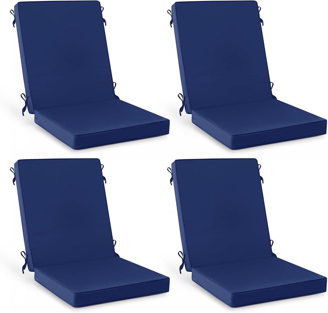 Summsun High Back Patio Chair Cushions Set of 4, Outdoor Dining Seat Cushion with Splash-Proof Removable Covers, Ties, Non-Slip Bottom for Garden Lawn Patio Furniture, 44 x 20 Inch, Navy