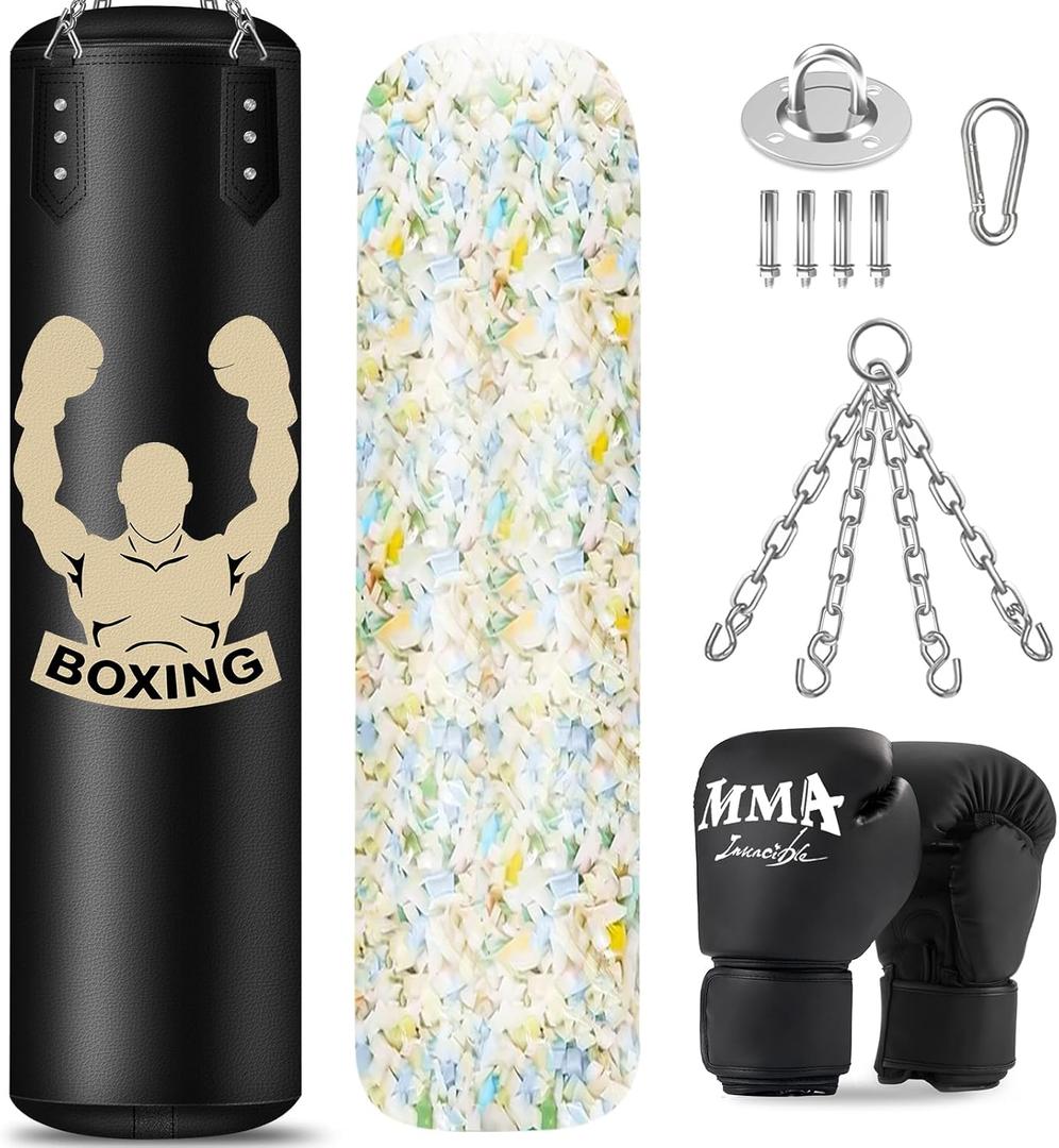 Filled Punching Bag for Adults, 4FT PU Leather Hanging Bag with 11lb Sponge Filler, Come with 12OZ Gloves, Kicking Bag Heavy Bag Boxing Equipment for Training Karate Kickboxing Home Gym