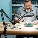 KIRKAS 12X Magnifying Glass with Light and Clamp, Extra-Long Arm Magnifying Lamp Overhead Knob for Workbench Craft Repair Sewing, LED Lighted Magnifier Real Glass Lens Stepless Dimming and Color