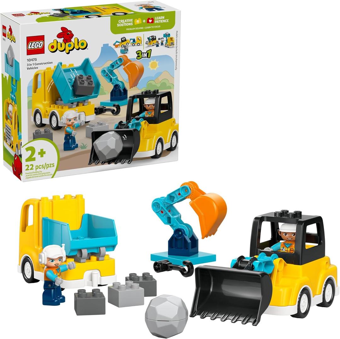 LEGO DUPLO Town 3 in 1 Construction Vehicles Toys for Toddlers - Learning & Pretend Play Set for Boys & Girls, Ages 2+ - Building Blocks for Fine Motor Skills Practice - Gift for Birthdays - 10475
