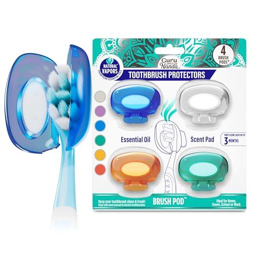 GuruNanda Brush Pods - Toothbrush Cover for Manual & Electric Toothbrush, Keeps Toothbrush Fresh & Clean, Travel Accessories with Natural Essential Oil Vapors, 4 Pack