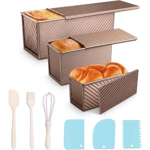 3 Pack pullman loaf pan with lid: pullman loaf pan Non-Stick Carbon Steel Bread Pans for Homemade Sandwich, Sourdough & Artisan Breads – Corrugated Toast Molds with Lids for Kitchen Home Baking
