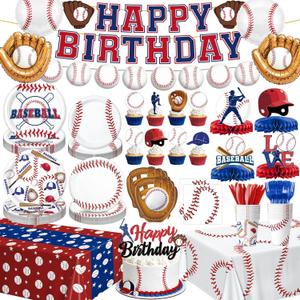 Baseball Birthday Decorations Set Includes Plates, Napkins, Cups, Cutlery, Toppers, Banner, Hanging Swirls, Tablecloths, Honeycomb Centerpieces, Foil Balloons for Baseball Party Decorations, Serves 24