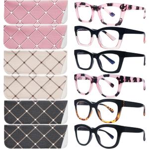 SIGVAN 6 Pack Oprah Style Reading Glasses Blue Light Blocking Square Computer Spring Hinge Readers for Women (6 Mix-5)