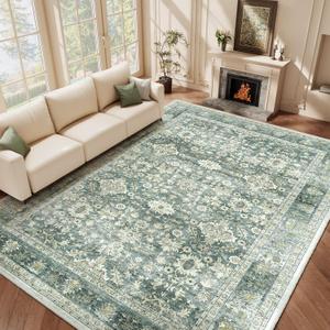 HOMFINE Machine Washable Rug 10'x14' - Vintage Design Area Rugs with Non Slip Rugs for Living Room Bedroom Floral Print Rug Carpet Stain Resistant, Home Decor Office Area Rug, Green HOMFINE Machine Washable Rug 10'x14' - Vintage Design Area Rugs with Non Slip Rugs for Living Room Bedroom Floral Print Rug Carpet Stain Resistant, Home Decor Office Area Rug, Green