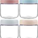 4 Pack Glass Clear Storage Canister with Airtight Lid, 12oz Overnight Oats Containers, Small Cute Decorative Pantry Jar for Snacks, Yogurt, Cereal, Fruit, Salad, Spice, Sugar, Coffee, Tea