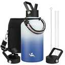 Konokyo Half Gallon Insulated Water Bottle with Straw,64 oz 3 Lids Water Jug with Carrying Bag,Paracord Handle, Double Wall Vacuum Stainless Steel Metal Flask,Sky