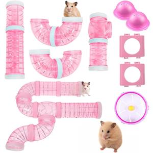 IBEQUE 2 Hamster Tubes & Tunnel Kit, Transparent DIY Connecting Pipe & Accessories, Includes Hamster Wheel for Small Pets (Pink)