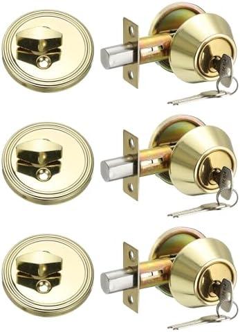 MECCANIXITY Keyed Alike Single Cylinder Deadbolt Door Lock Round Entry Front Door Handle Sets for Door Thickness 1.2-2 Inch (Gold Tone, Pack of 3)