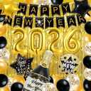 2026 New Years Eve Party Decorations - Gold and Black Balloon Kit with Banner, Curtains, Star & Champagne Balloons for NYE Countdown Party Supplies