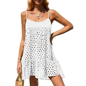 Saodimallsu Womens Crochet Cover Up Summer Spaghetti Strap Hollow Out Fringe Tie Back Beach Coverup Cami Dress White, Size XL