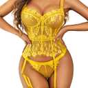 Avidlove Lingerie for Women Lace Corset and Panty Outfits Garter Lingerie Sets S-XXL (Yellow)