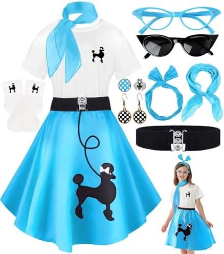 10Pcs Sock Hop Costume Outfit Girls 50s Poodle Skirt T Shirt Accessories | Girls' 50s vintage set with T-shirt, poodle skirt and polka dot accessories for retro birthday, sock hop party and halloween size XL