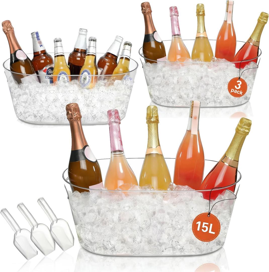 3 PCS Ice Buckets for Parties, 15L Large Ice Bucket, 4 Gallon Champagne Bucket with Scoops, Beverage Tub Mimosa Bar Supplies for Champagne, Beer, Cocktail