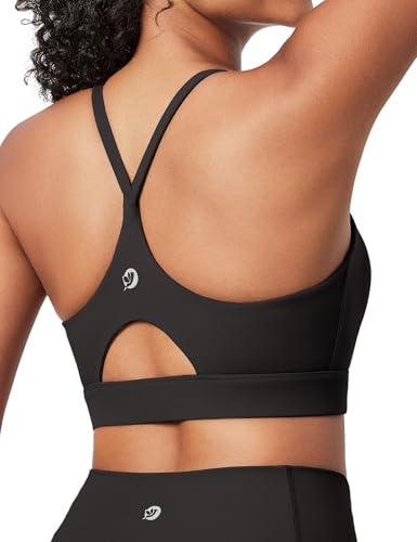IUGA Sports Bras for Women Strappy Sports Bra Racerback Padded Workout Yoga Gym Y Back Tops with Removable Pads Black L