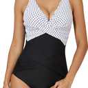 Smismivo Tummy Control Swimsuits for Women Slimming One Piece Bathing Suit Retro Ruched Push Up Vintage Padded Swimwear (Small, White Dot Top)