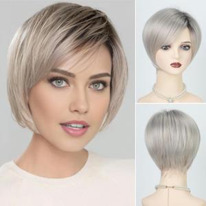 RENERSHOW Blonde Short Hair Wigs for White Women Layered Ombre Platinum Pixie Bob Wig with Bangs Straight Realistic Synthetic Natural Daily Party Hair Replacement Wig