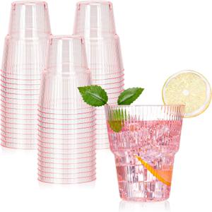 XUWAIDSGN 50 Pack Pink Plastic Ribbed Wine Glasses 14 oz Disposable Cocktail Martini Juice Coffee Drinking Tumblers Plastic Stackable Ripple Wedding Party Cups for Charcuterie Parties and Events