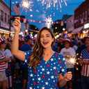 Roshop 4th of July Scrub Tops Women V-Neck Short Sleeve Holiday Themed Patriotic Scrubs L