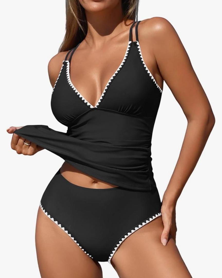 ZAFUL Womens Tankini Swimsuits V Neck Push Up Swim Top Color Block Tummy Control High Waisted Bathing Suits Swim Bottom, L