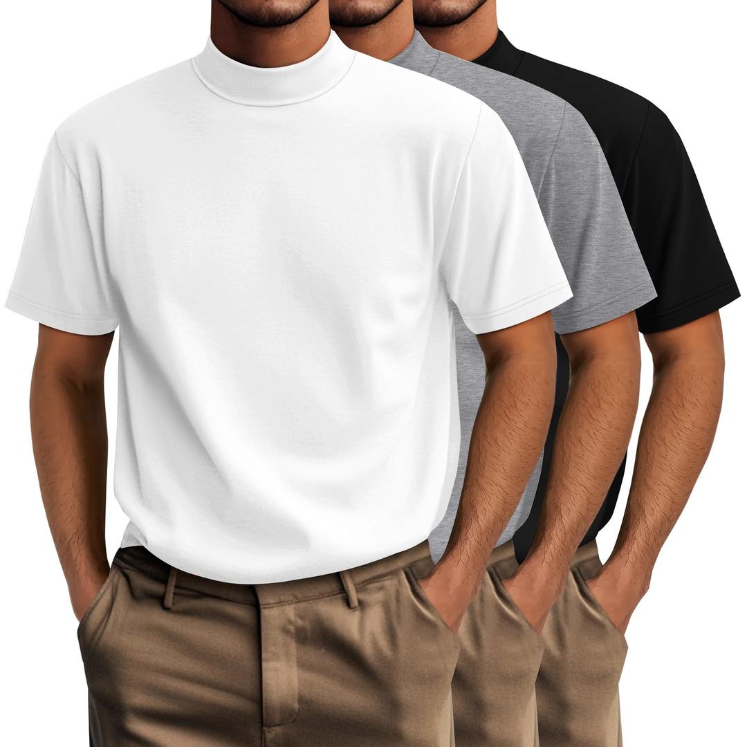 Riyiper 3 Pack Big and Tall Men's Mock Turtleneck Shirt Short Sleeve Cotton Basic Tops Slim Fit Casual Undershirt Tops, 4XL