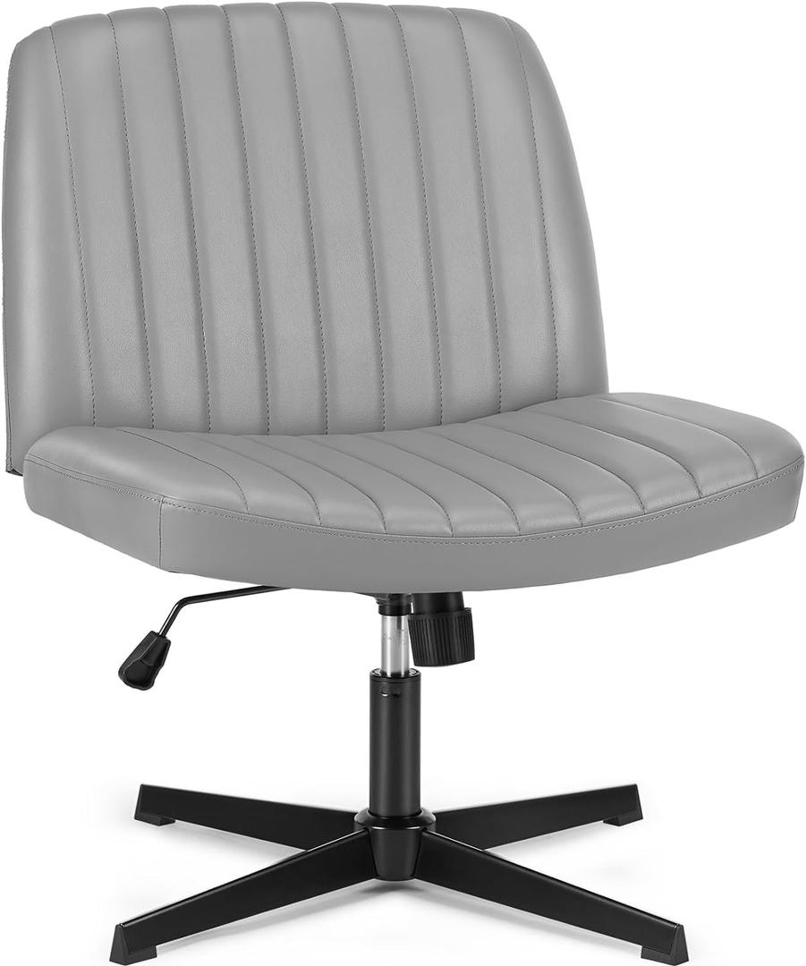 DUMOS Criss Cross Chair Legged Office Wide Comfy Desk Seat, No Wheels Armless Computer Task Seating, Swivel Vanity Home Height Adjustable (Grey-leather)