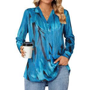 Womens 3 4 Sleeve Blouse Long Sleeve Business Casual Tunic Tops V Neck Work Tops Textured Dressy Casual Shirts (Blue, L)