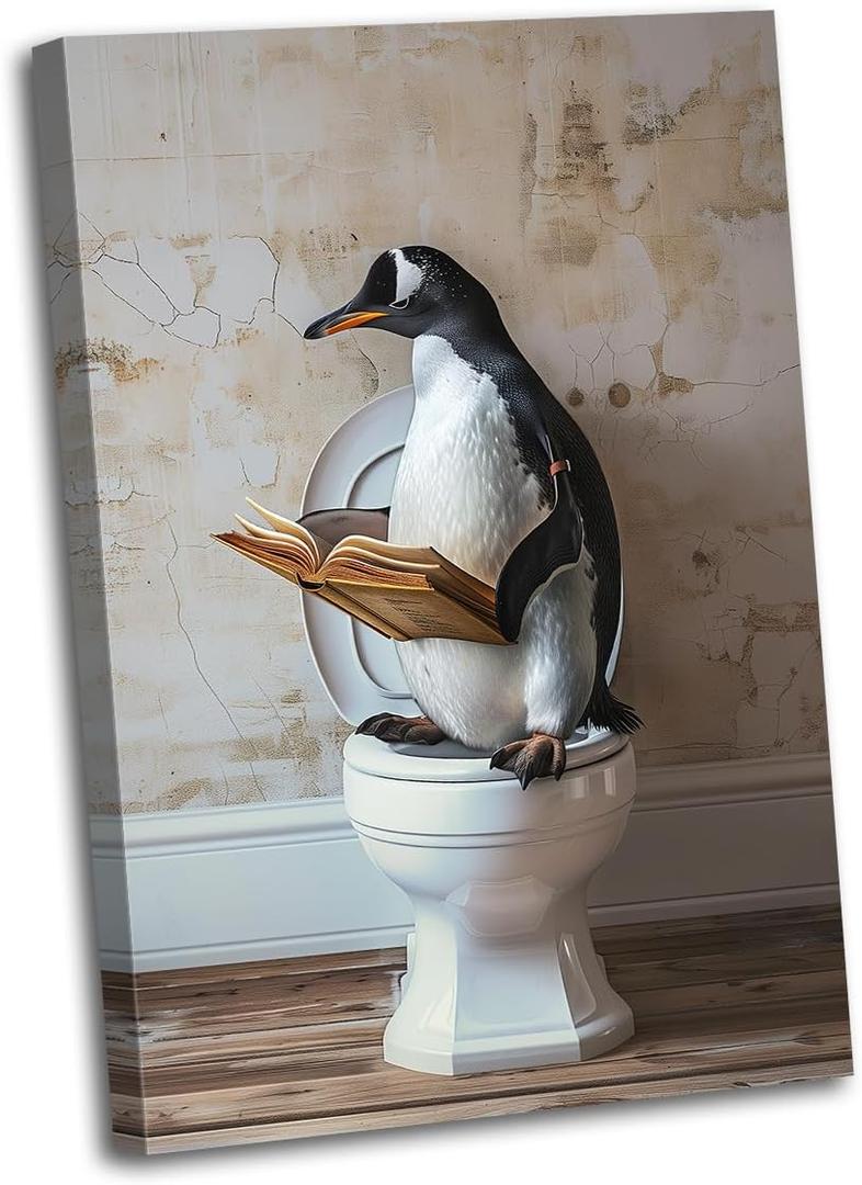Funny Bathroom Wall Art Abstract Animals Poster Prints Penguin on Toilet Reading Picture for Living Room Farmhouse Decor(Animal-2,16L x 24W)