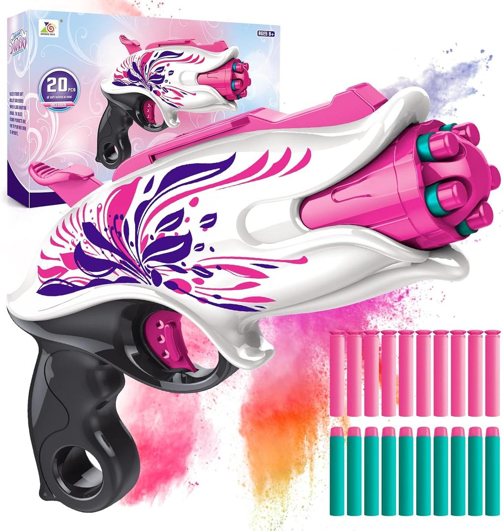 Soft Bullet Toy Pink Dart Blaster, 5-Dart Rotating Drum, 20 Darts, Kids Outdoor Toys Xmas Birthday Gifts for Girls Ages 6+ Years Old
