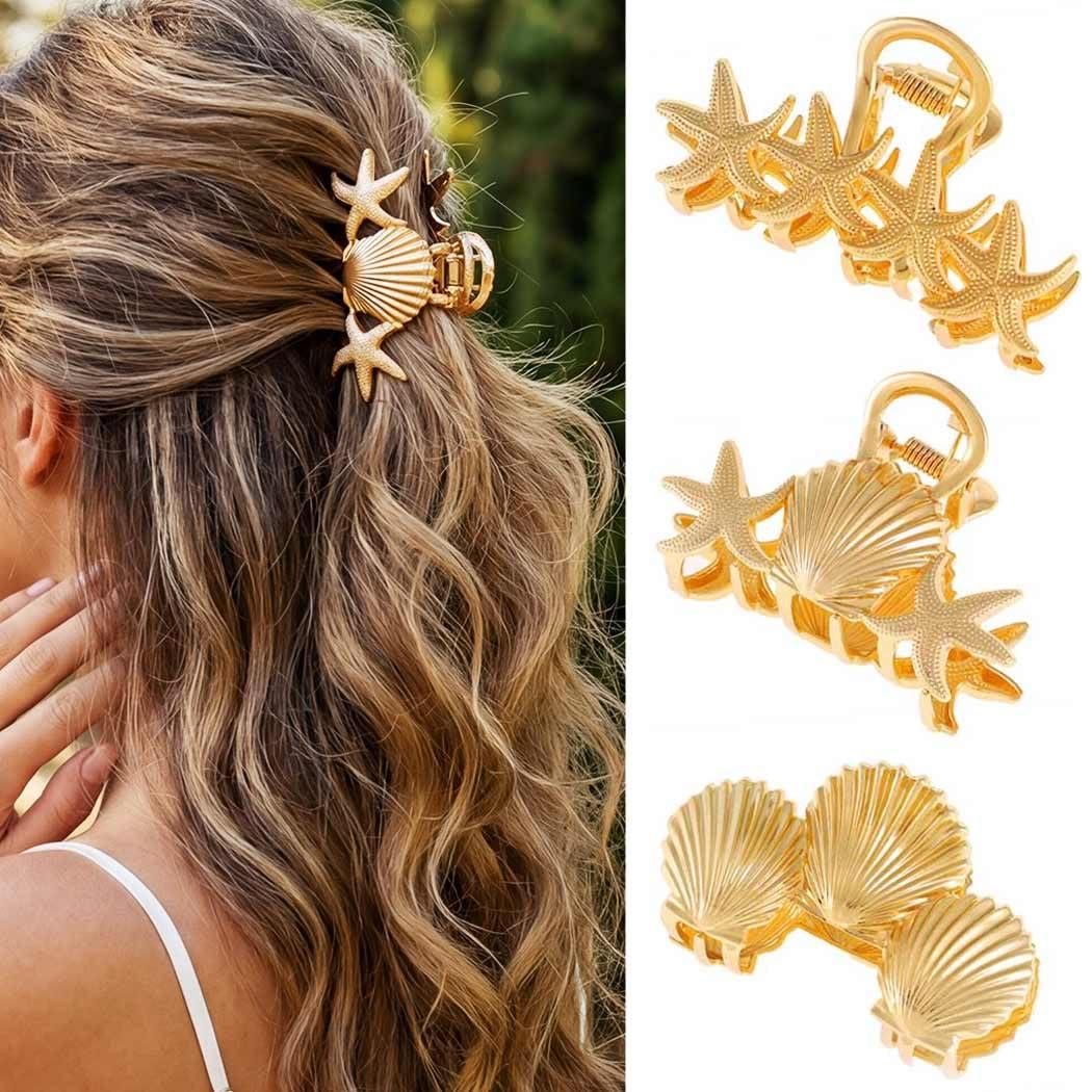 CAKURE Seashell Hair Clips Gold Starfish Claw Clips Small Unique Hair Accessories for Women and Girls (Pack of 3)