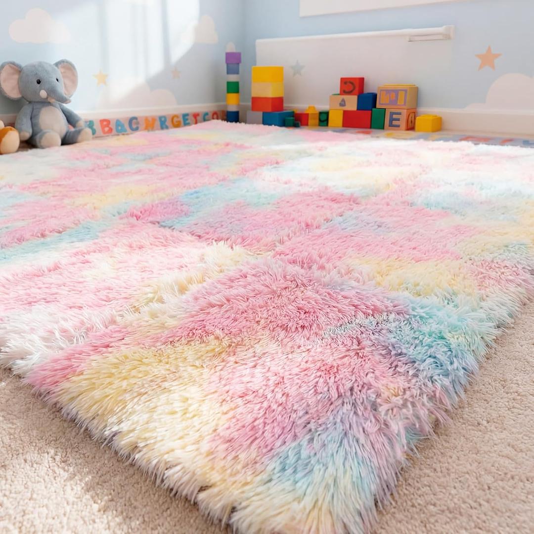 24 Pcs Pastel Faux Fur Floor Tiles, 11.8 x 11.8 in Puzzle Girls Play Soft Tiles, 1.5 Inch Shaggy Square, EVA Foam Floor Mat for Nursery, Playroom, Bedroom, Toddler Room, Daycare