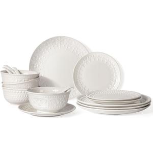 Plates and Bowls Sets - 16 Pieces Ceramic Dinnerware Sets for 4, Embossed White Dish Set Porcelain Kitchen Dishware Sets Dishwasher & Microwave Safe (Multiple Patterns)