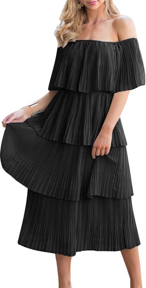 ETCYY Women's Off The Shoulder Ruffles Summer Wedding Guest Loose Casual Chiffon Long Party Beach Maxi Dress (Black)