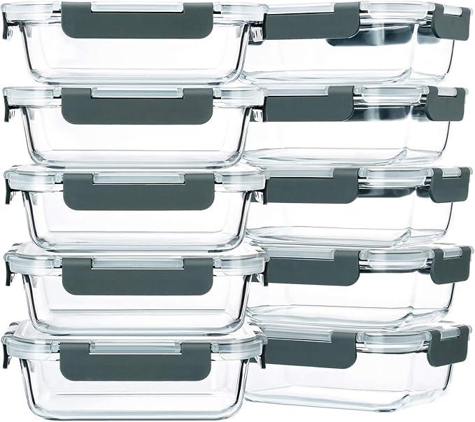 M MCIRCO 10Pack,22 Oz Glass Meal Prep Containers,Glass Food Storage Containers with lids,Lunch Containers,Microwave, Oven, Freezer and Dishwasher (Gray)