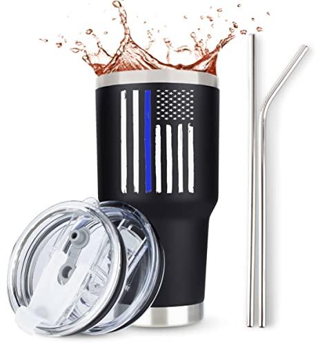 JENVIO Thin Blue Line Police Tumbler | Retirement Gifts Travel Mug w Lid for Coffee Cup/Cold Drinks | Back The Blue | Gear Correctional for Him | Cops Officer Christmas Gift (30 Ounce)