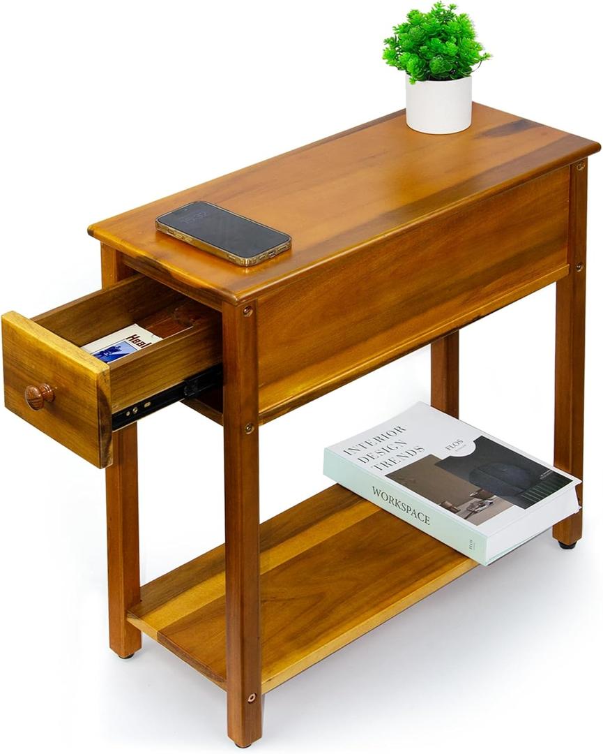 ENKEZI Narrow End Table with Drawer and Shelf  Slim Side Table for Small Spaces, Nightstand for Bedroom or Living Room, Small Bedside Table (Top Drawer)