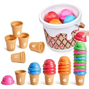 JoyCat Ice Cream Preschool Learning Activities Counting and Color Sorting Set Stacking Toys for Kids 1-5, Educational Fine Motor Skills Toys, 30PCS Math Manipulatives