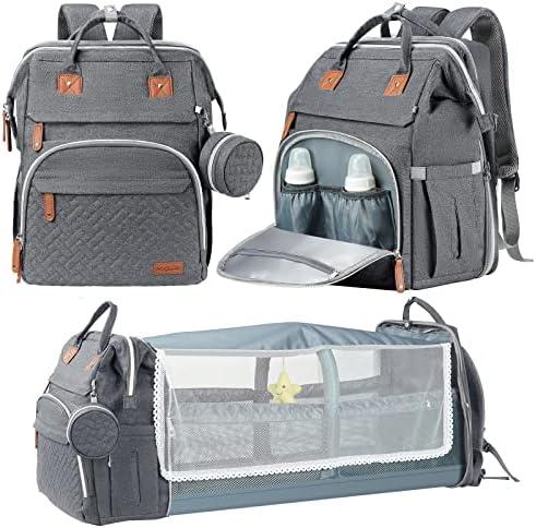DERJUNSTAR Baby Diaper Bag Backpack with ChangingStation-Large Capacity Baby Bag for Boys & Girls, USBCharging Port, Pacifier Case, sunshade & Toy Bar,Waterproof， Pale Grey