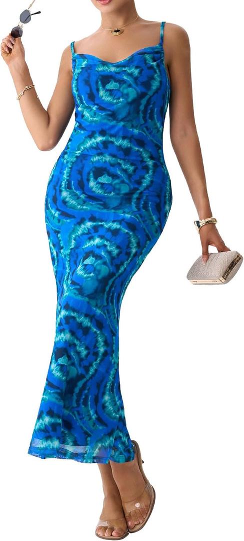 Women's Summer Floral Spaghtti Straps Maxi Dress 2026 Bodycon Sleeveless Cocktail Beach Long Tropical Dresses (Blue, S)