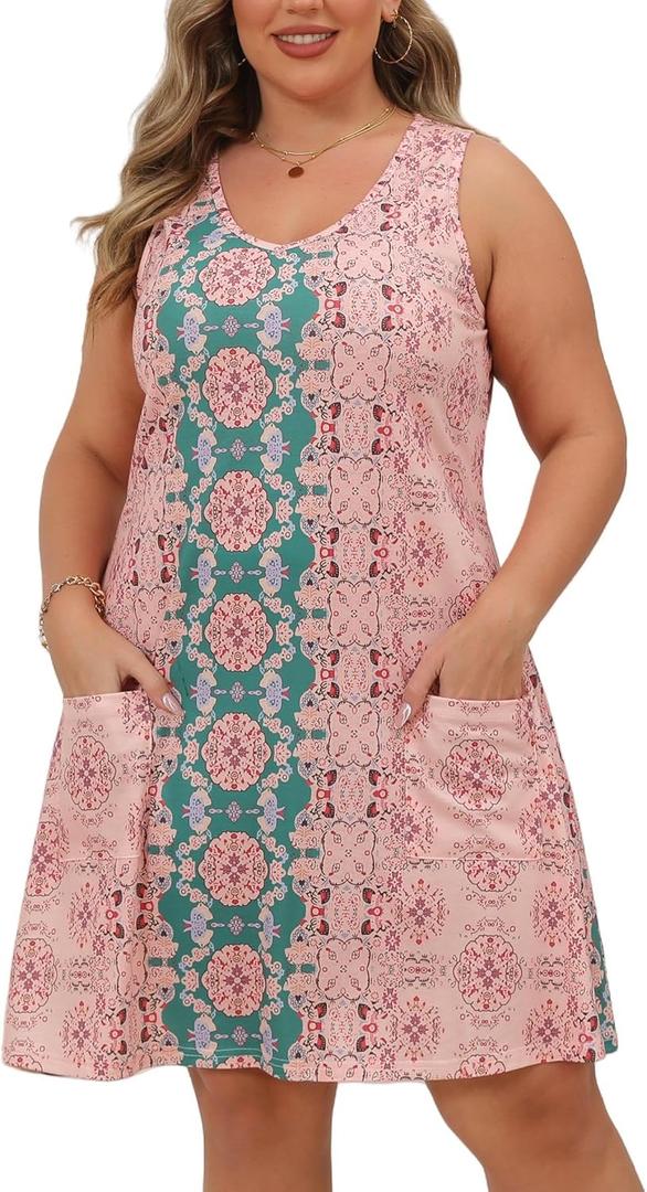 HBEYYTO Women Plus Size Sundress with Pockets V Neck Sleeveless Loose Fit Tank Dress Floral Print Beach Cover up 2XL