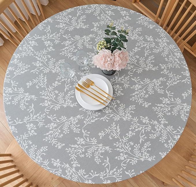 Round Elastic Edged Vinyl Tablecloth with Flannel Backing – Waterproof Oil-Proof PVC Fitted Table Cloth Plastic Cover (Fits Tables up to 40" - 44" Diameter)