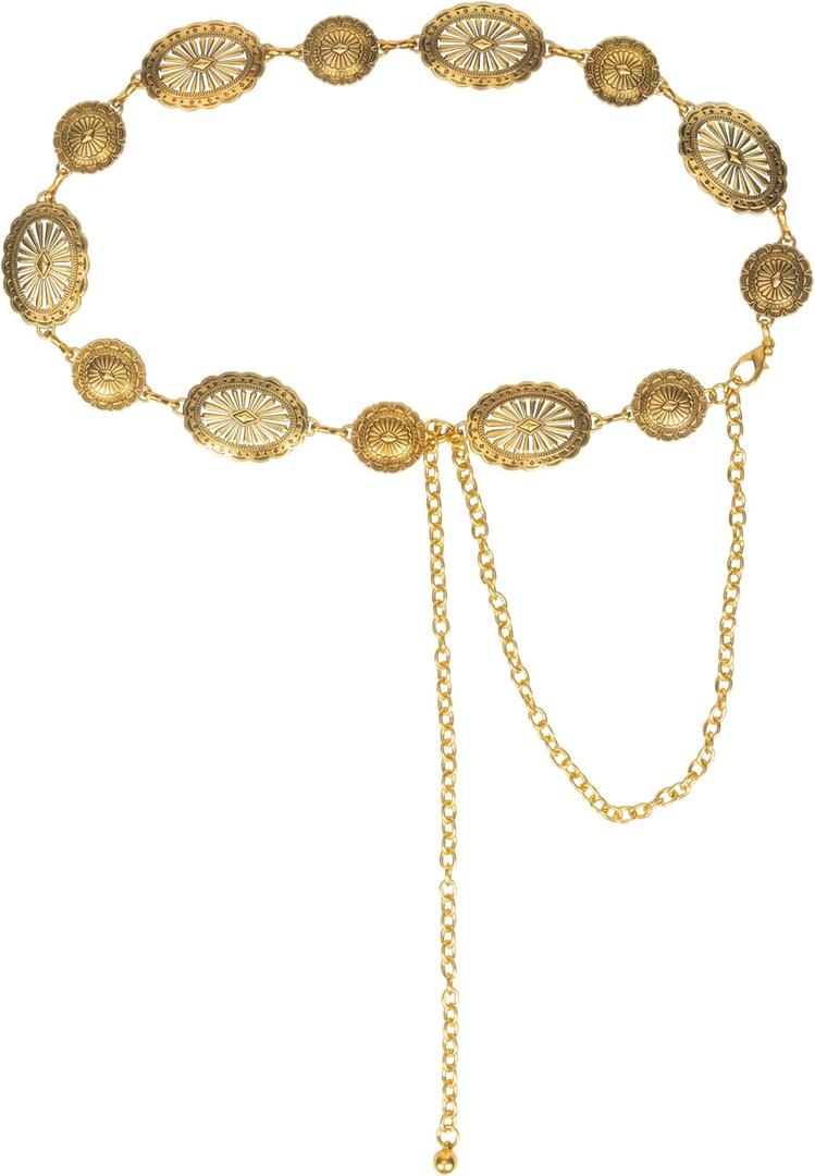 Western-Belts For Woman-Cowgirl-Belt Cowboy-belts for Women - Country Concert Outfit Concho boho belt for Dress (Length 51.1" (29.5"+extended chain 21.6"), Golden)