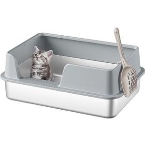 Stainless Steel Cat Litter Box, Metal Kitty Litter Box for Small Cats, Non-Stick (Grey)