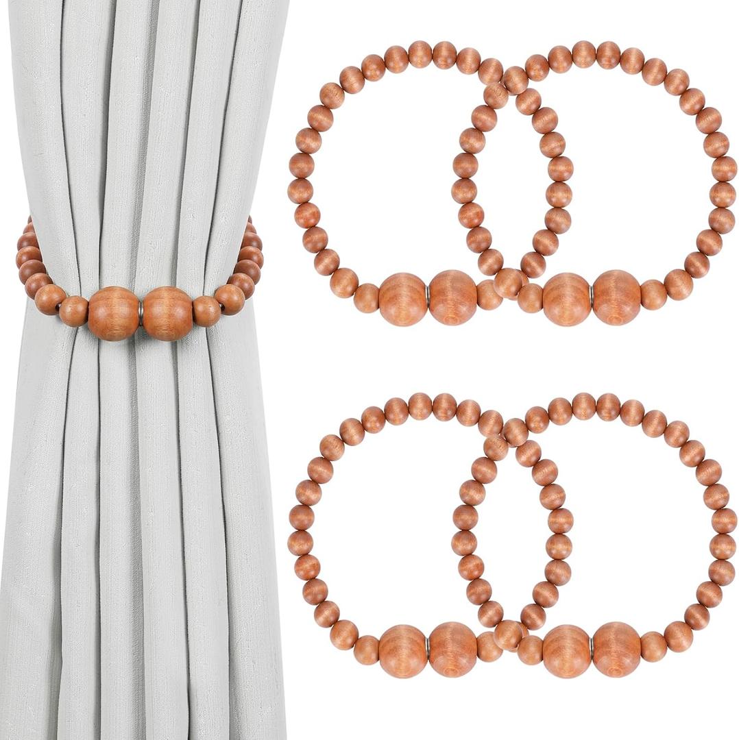 Magnetic Curtain Tiebacks, 4 Pack Curtain Holdbacks for Draperies, Wood Bead Curtain Tiebacks, Curtain Tie Backs for Bedroom Decor, Boho Room Decor, Nursery Decor, Farmhouse Decor, Office Decor (Brown)